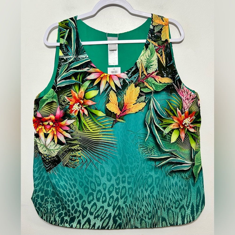 New! Chicos Reversible Rainforest Tropical Jade Layered Sleeveless Blouse - Picture 6 of 15